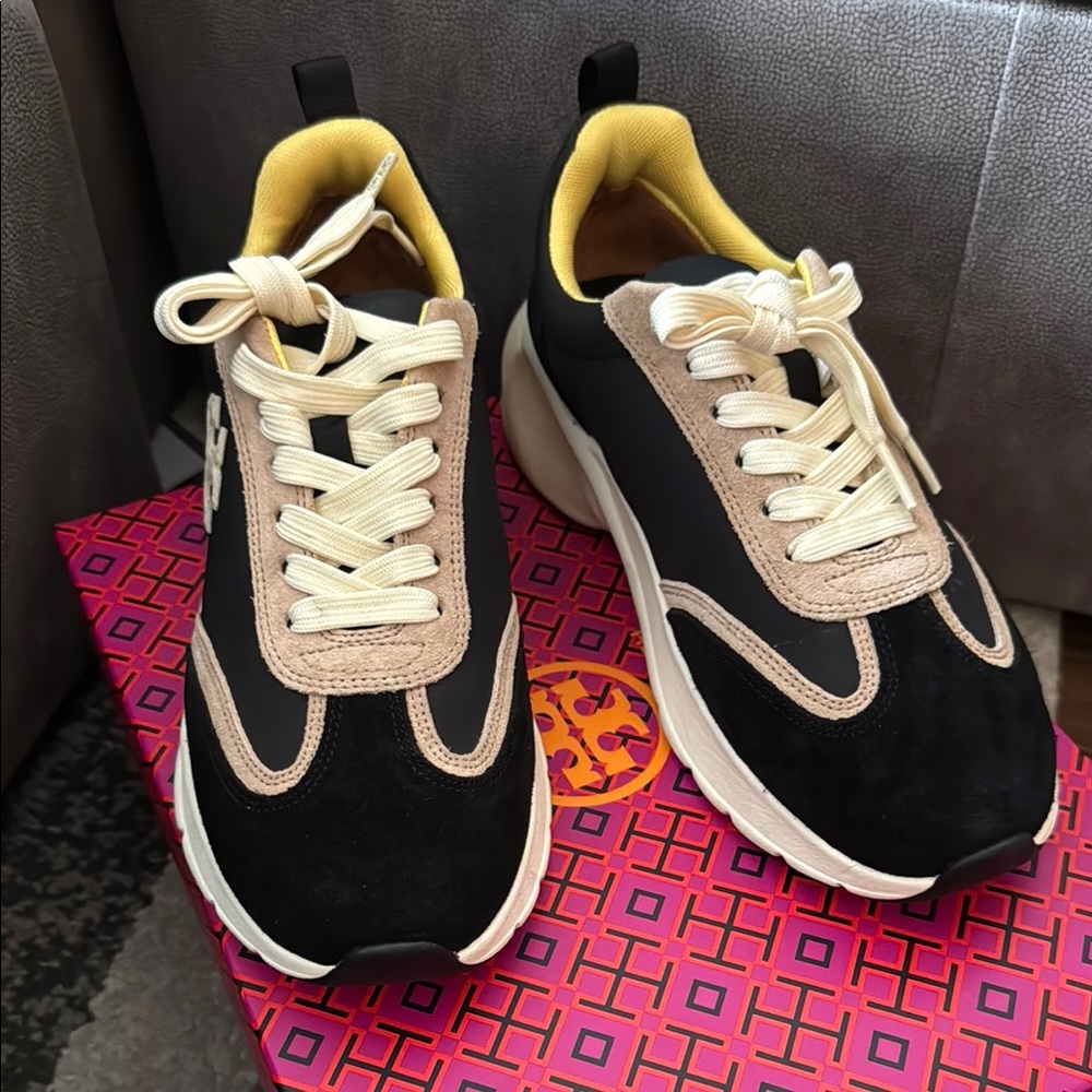 Tory Burch Good Luck Trainer Black and Natural Suede Women's Sneakers - Picture 3 of 9